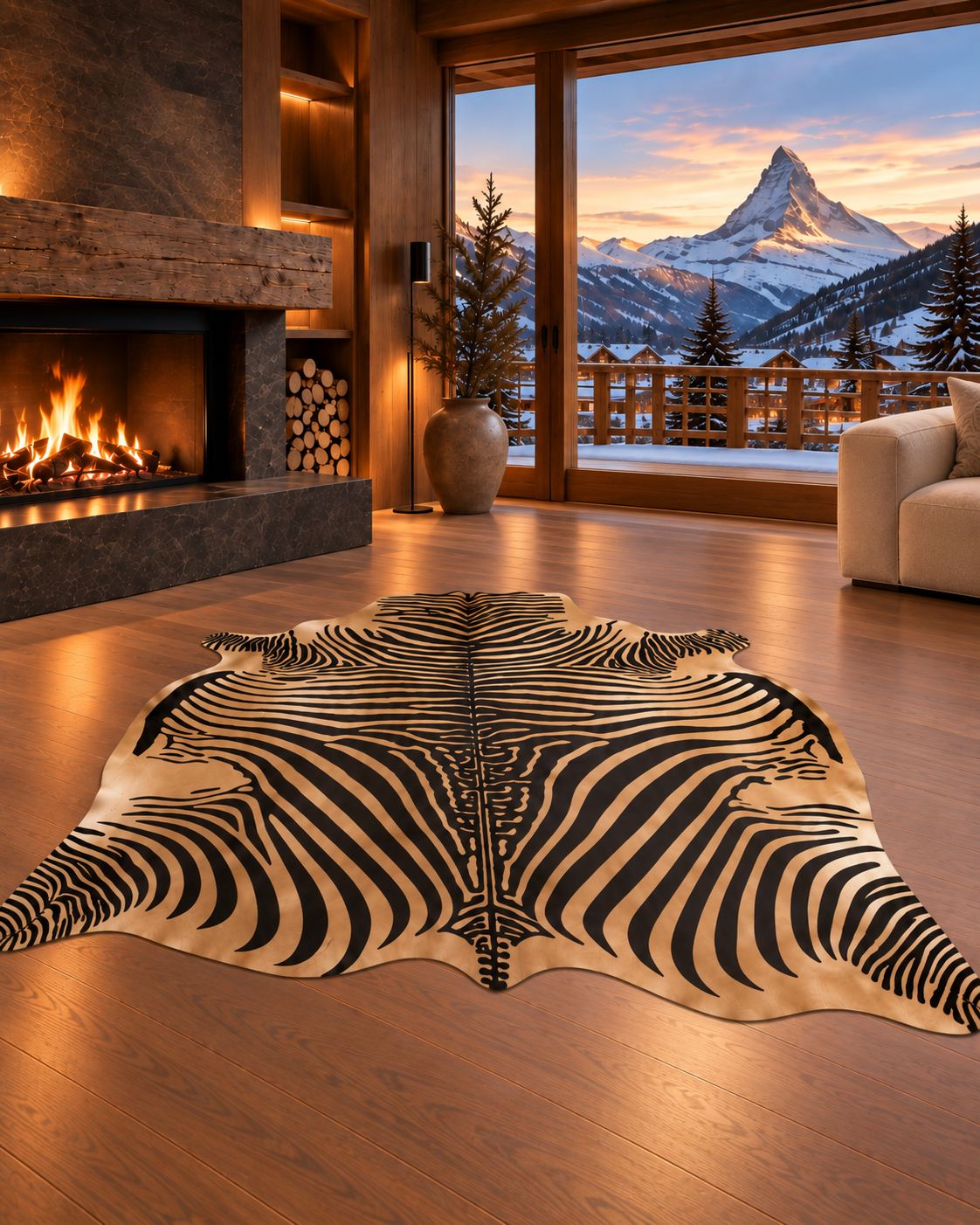 Peau de vache zèbre beige 210 x 190 cm dans un chalet de montagne haut de gamme, DUNE & CO