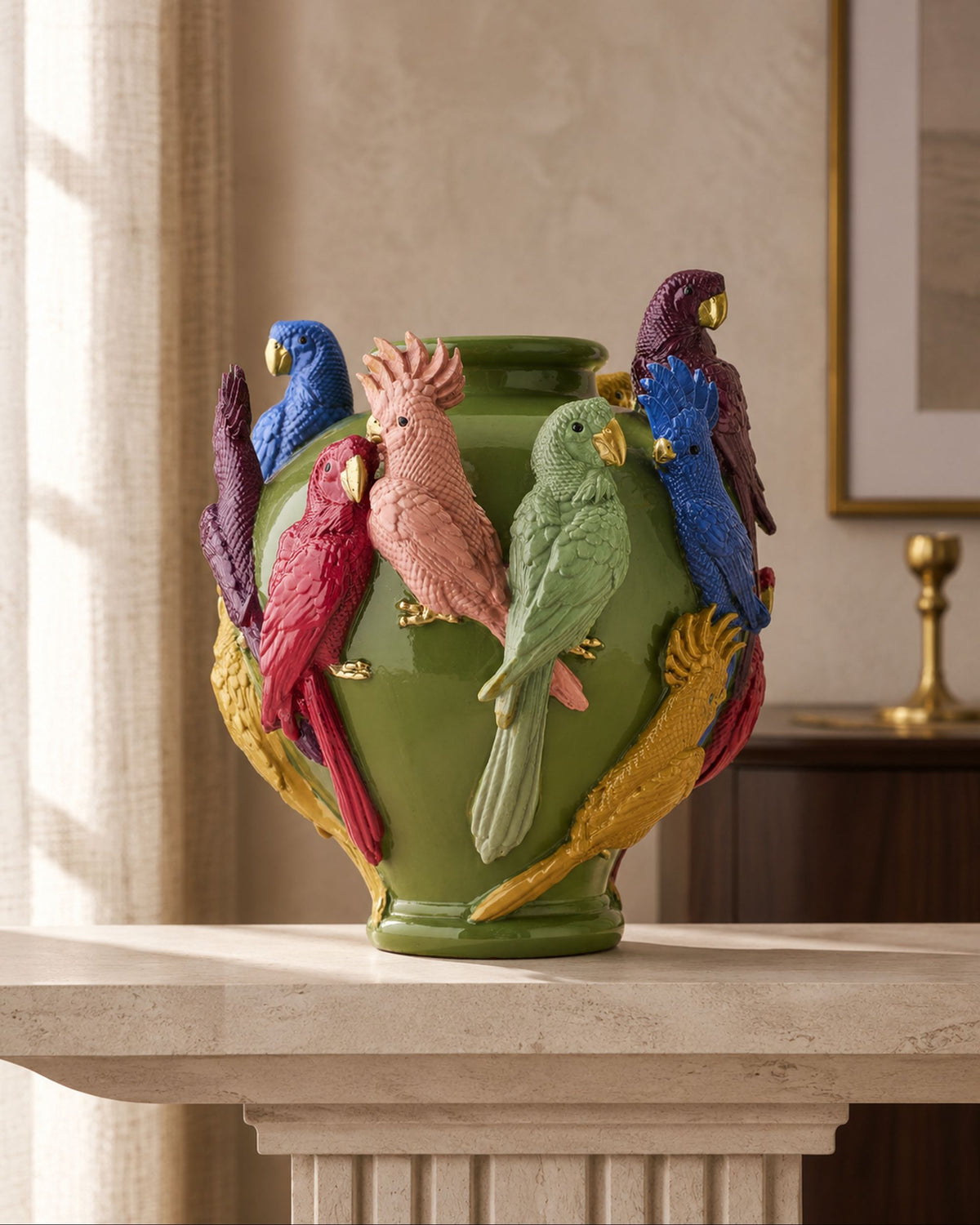 Vase Perroquets — Résine, Vert