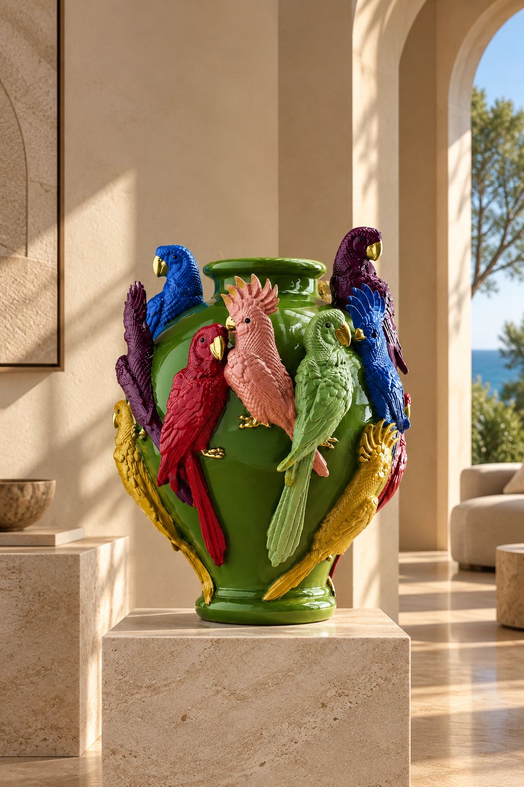 Vase Perroquets vert en résine avec plusieurs perroquets colorés sculptés en relief, présenté sur un piédestal en pierre face à une arche avec vue sur la mer, DUNE & CO