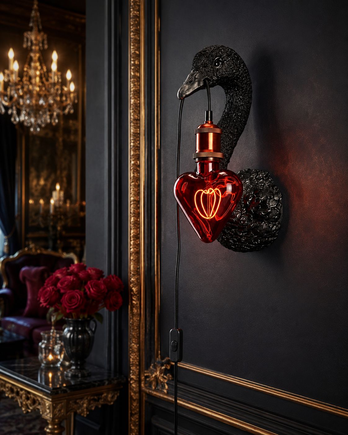 Applique murale Petra noire en forme de cygne avec ampoule rouge dans un intérieur élégant