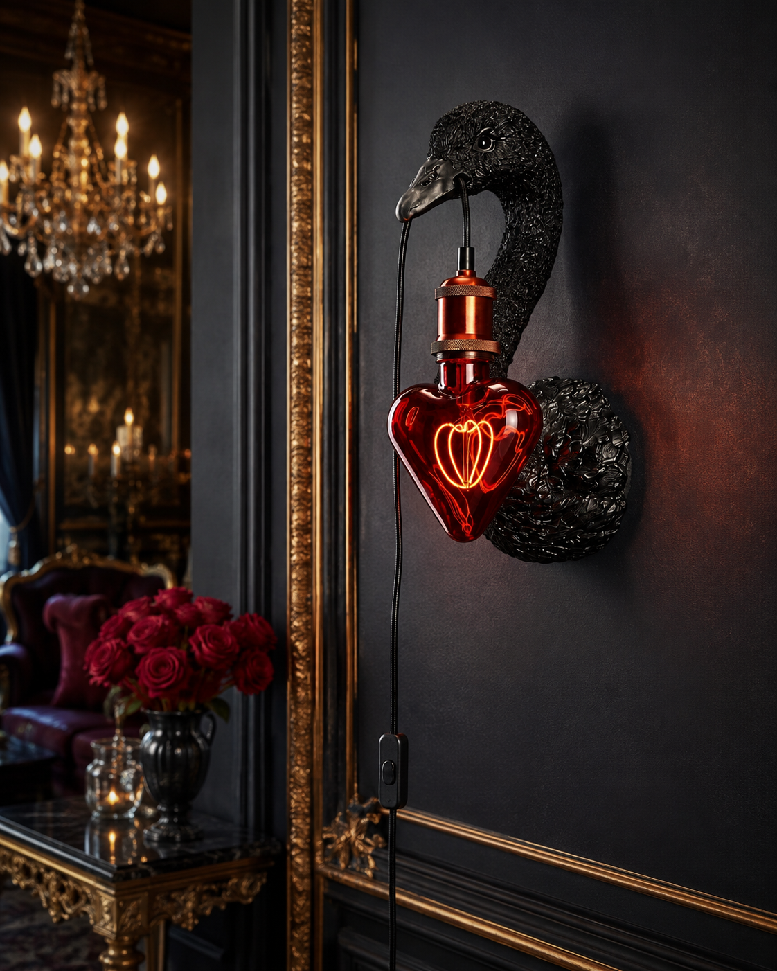 Applique murale Petra noire en forme de cygne avec ampoule rouge dans un intérieur élégant