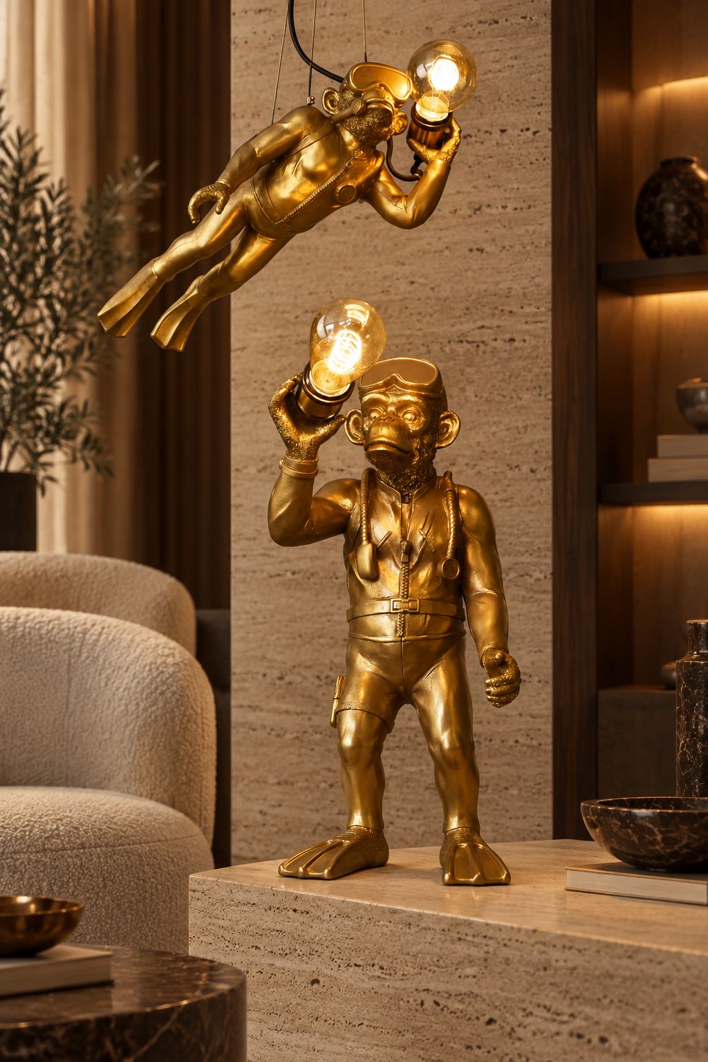 Plafonnier sculptural Diver Dave doré DUNE & CO avec ampoule lumineuse, mis en scène dans un intérieur élégant aux tons pierre et bois