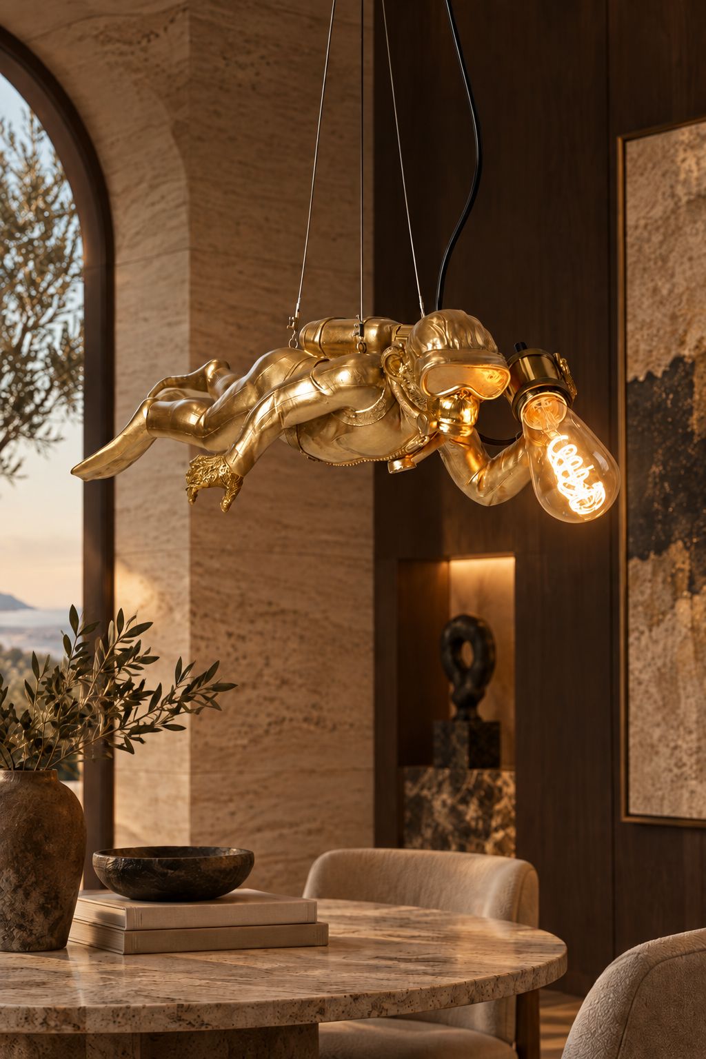 Plafonnier Diver Dave doré DUNE & CO en forme de plongeur sculptural avec ampoule suspendue, présenté dans un intérieur haut de gamme.
