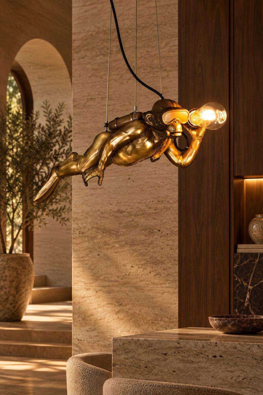 Luminaire Diver Dave doré DUNE & CO représentant un plongeur suspendu avec ampoule, dans un décor contemporain haut de gamme.