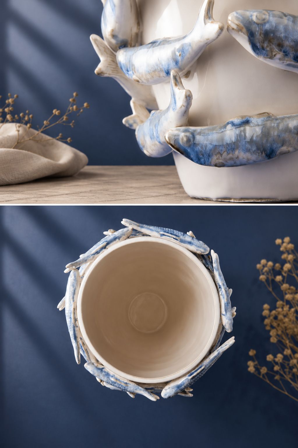 Vase Poissons Blanc-Bleu, détail du relief des poissons en céramique émaillée, DUNE & CO