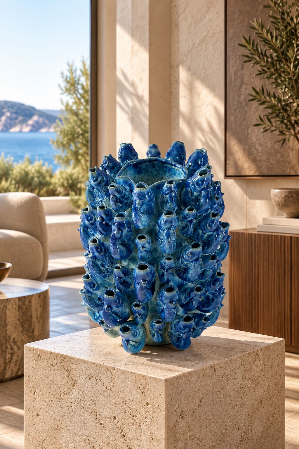 Vase Banc de Poissons — Céramique Bleue Émaillée