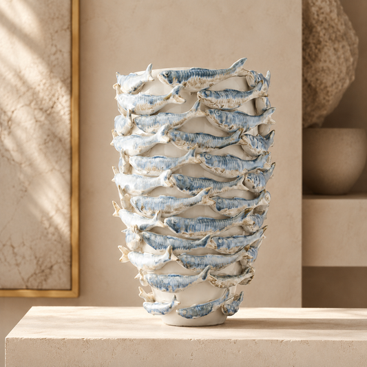 Vase Poissons Blanc-Bleu — Céramique, Grand Format
