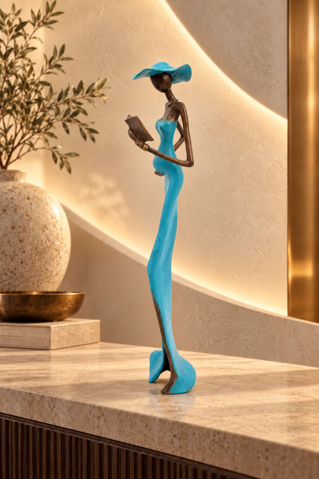 Statue Bronze Madame Azur turquoise 55 cm, vue de profil gauche