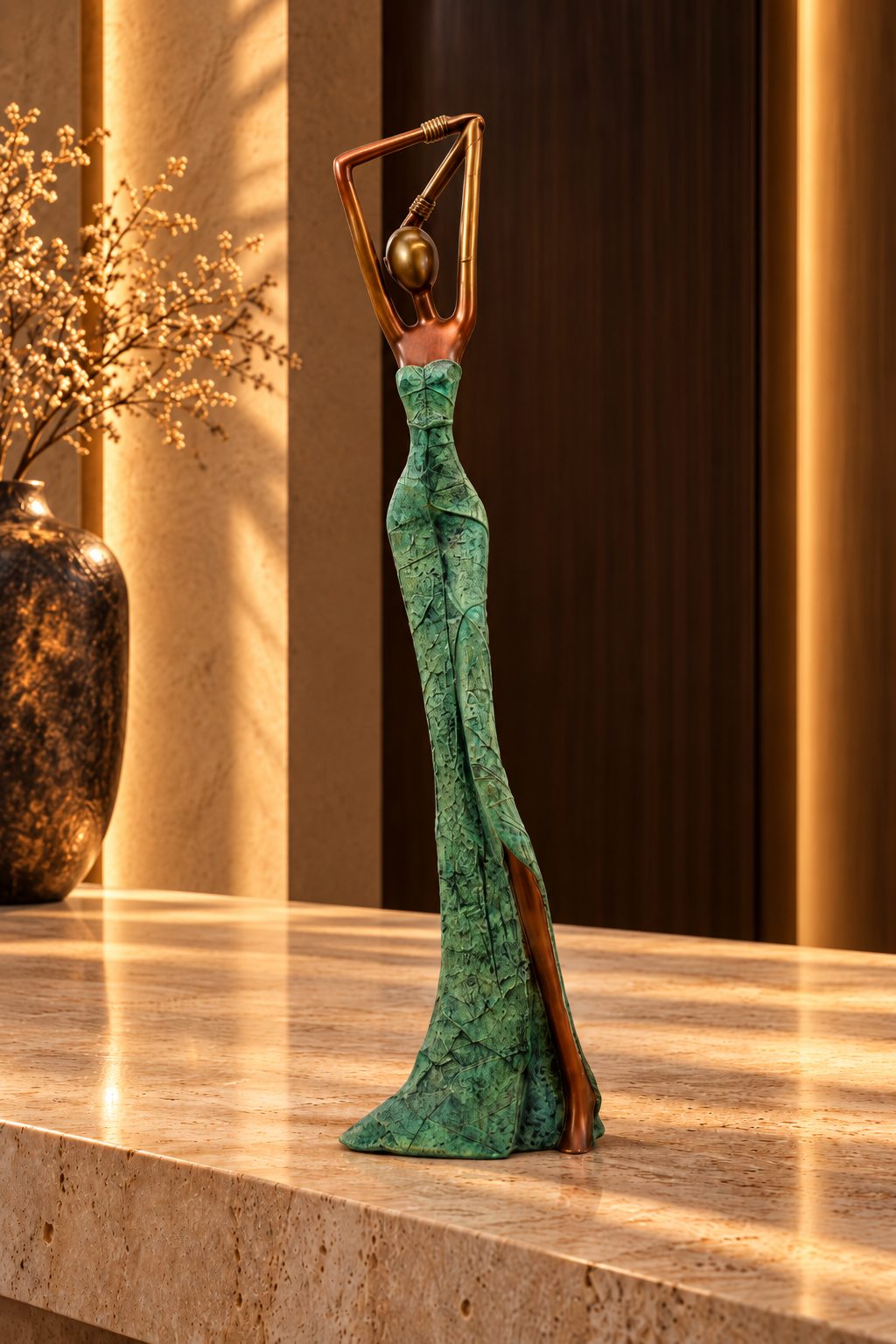 Statue Bronze Madame Émeraude 55 cm, finition verte patinée et bronze, DUNE & CO