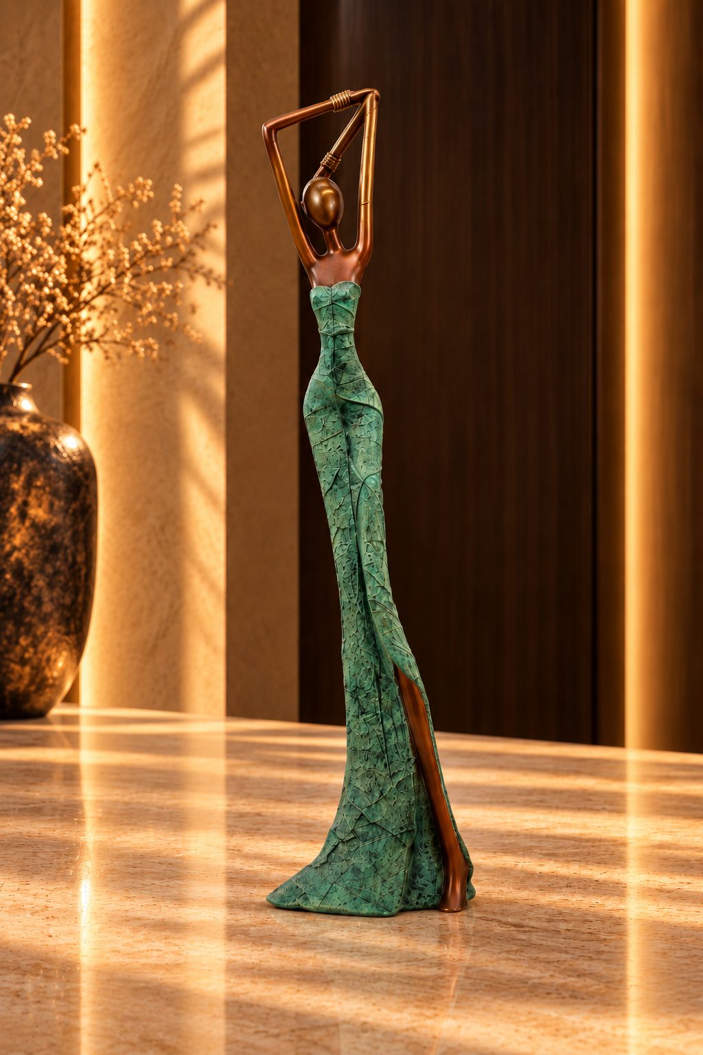 Statue Bronze Madame Émeraude 55 cm, vue trois-quarts, finition verte patinée et bronze, DUNE & CO