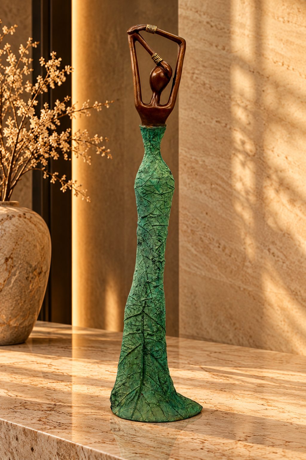 Statue Bronze Madame Émeraude 55 cm, vue entière, finition verte patinée et bronze, DUNE & CO