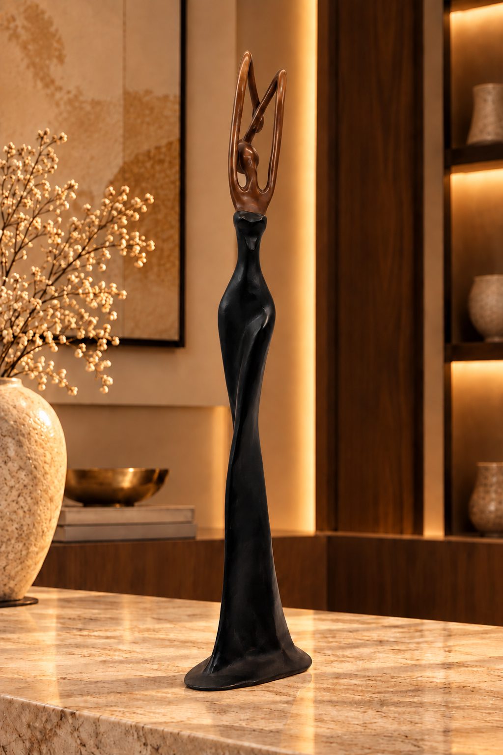 Statue Bronze Madame Minuit 55 cm, vue trois-quarts, finition noire et bronze, DUNE & CO