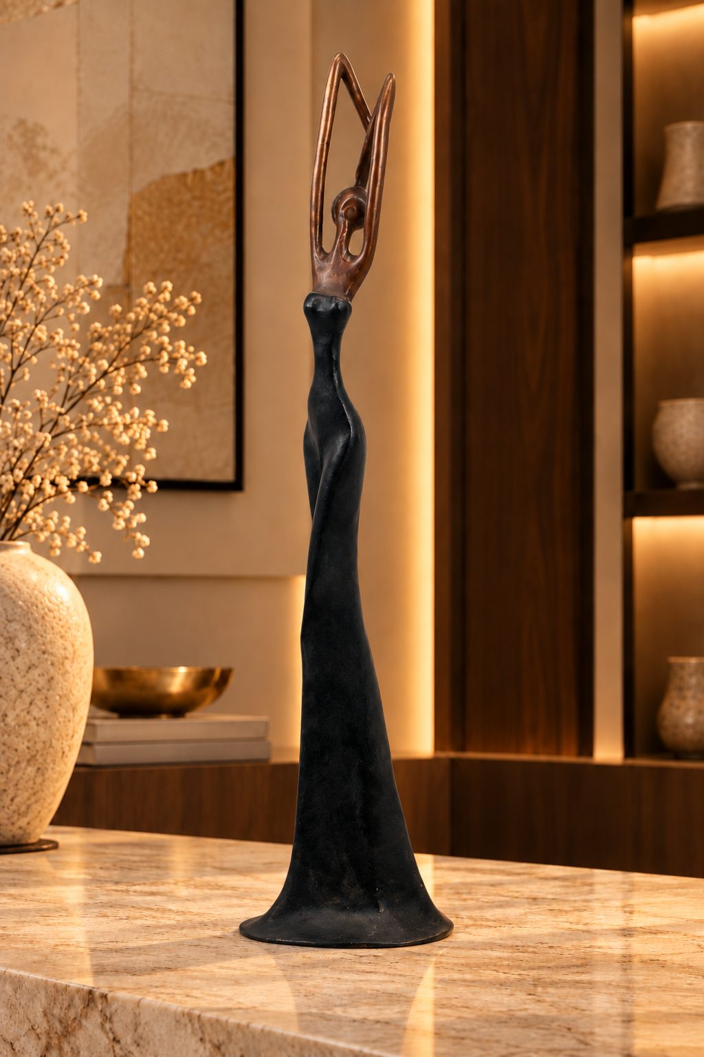 Statue Bronze Madame Minuit 55 cm, vue latérale, finition noire et bronze, DUNE & CO