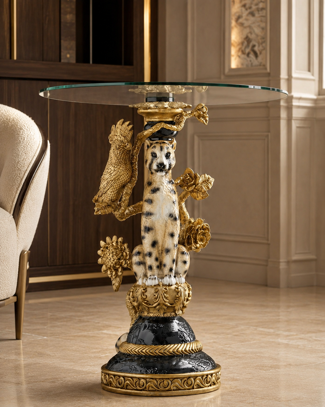 Table d'appoint Léopard multicolore avec plateau rond en verre dans un intérieur élégant.