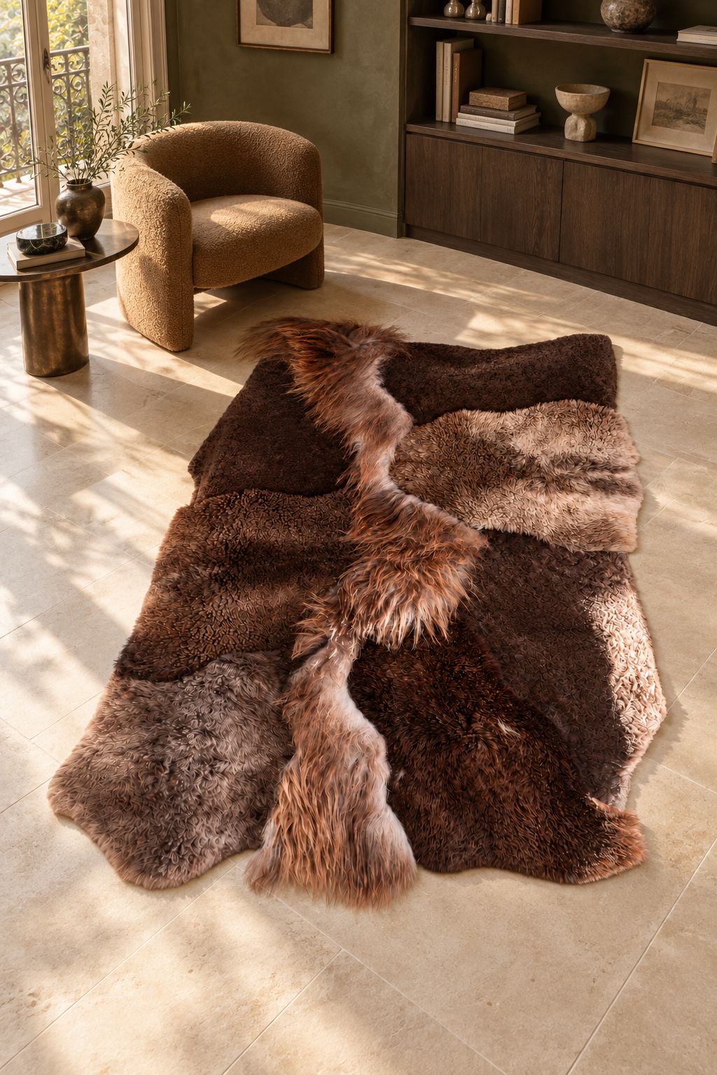 Tapis Mélangé brun chiné en peau de mouton naturelle posé au sol dans un salon raffiné