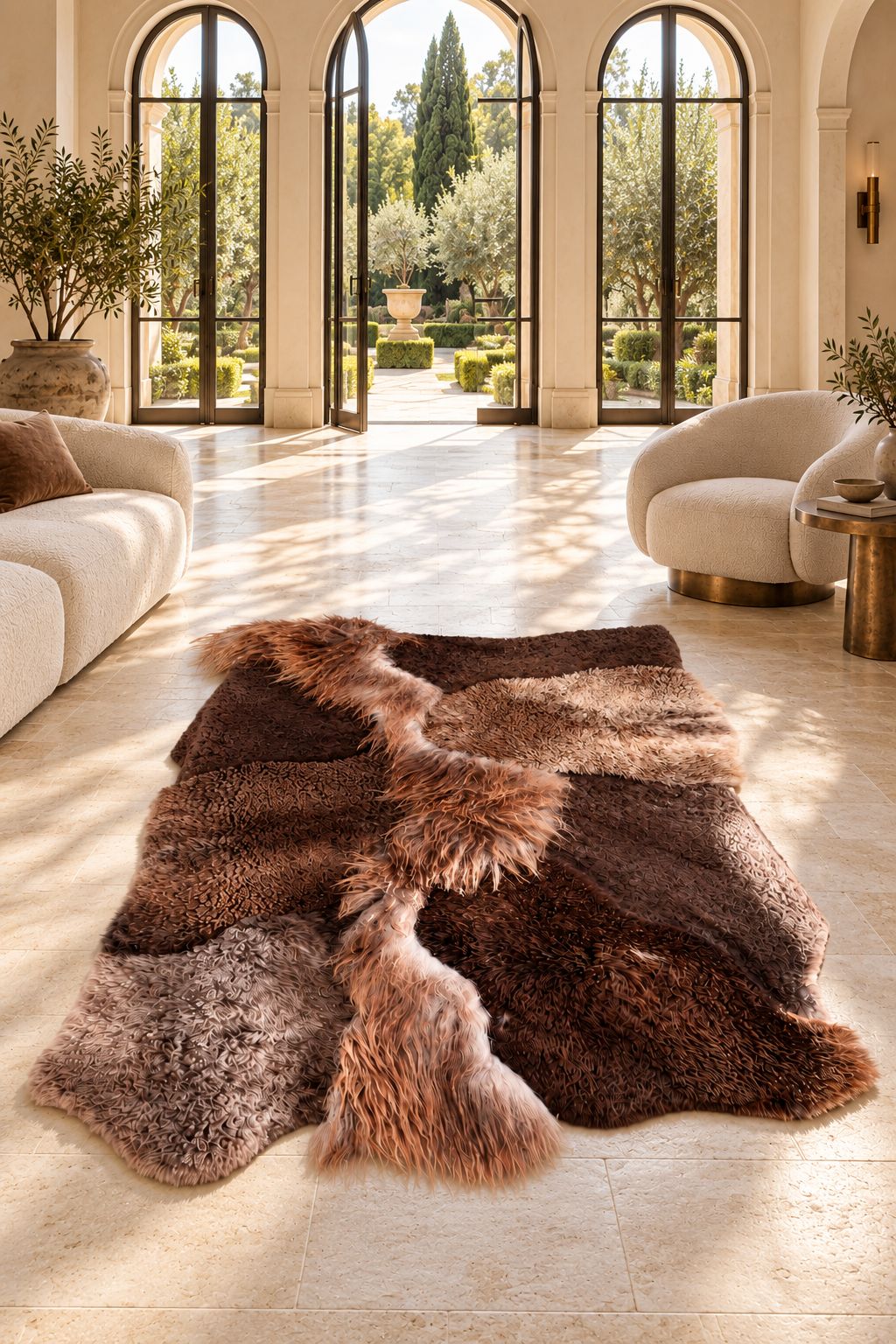 Tapis Mélangé brun chiné posé au sol dans un salon palazzo lumineux, vue verticale
