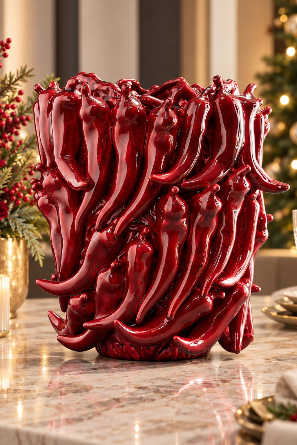Vase Chili en céramique rouge émaillée, gros plan dans une ambiance de Noël élégante, DUNE & CO