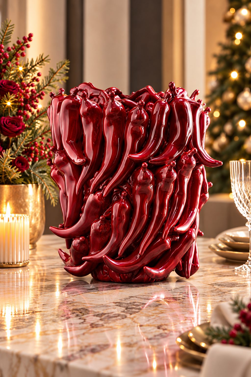 Vase Chili en céramique rouge émaillée, H 30 cm, dans un décor de Noël élégant – DUNE & CO