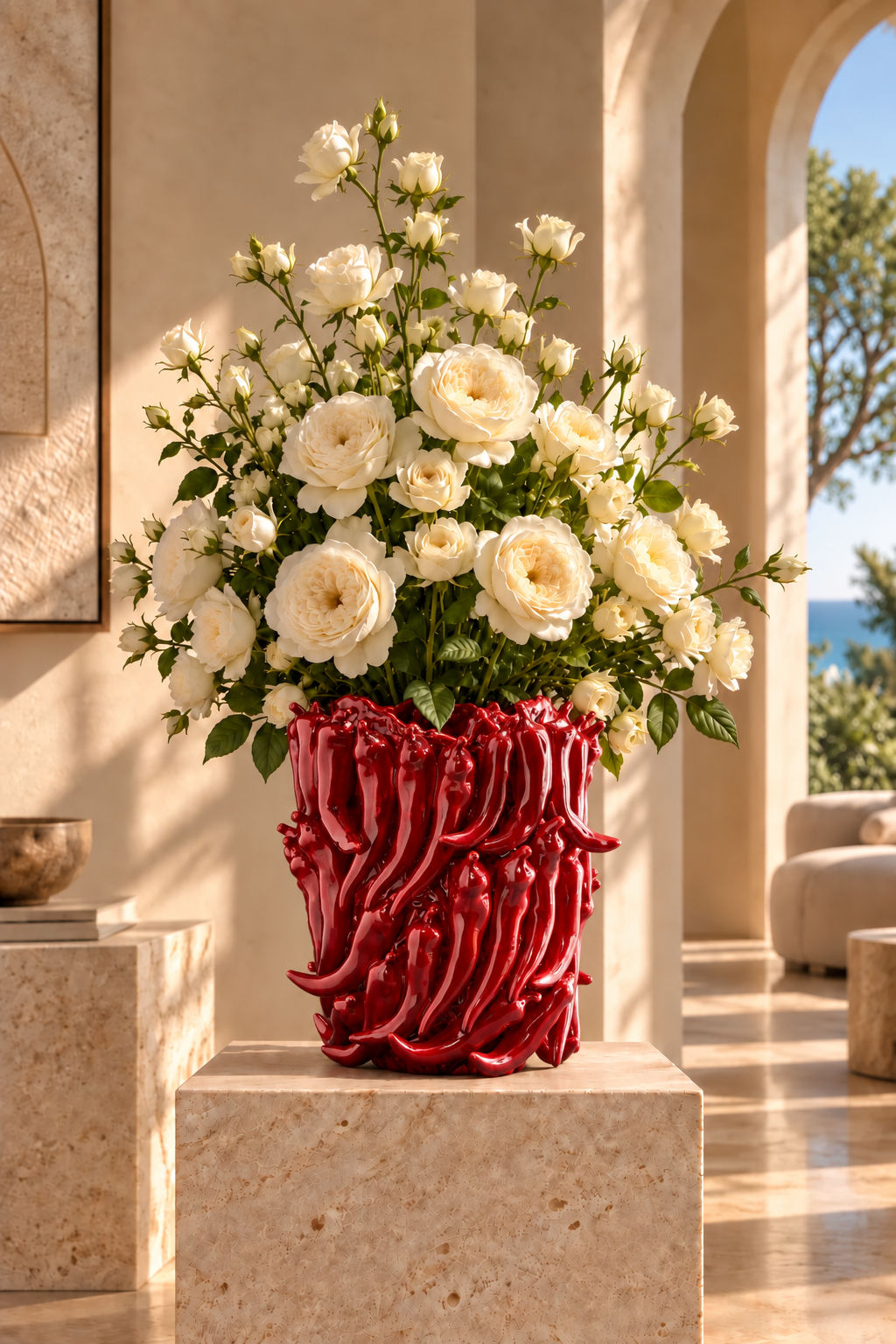 Vase Chili rouge en céramique brillante avec bouquet de roses blanches sur une terrasse élégante, DUNE & CO