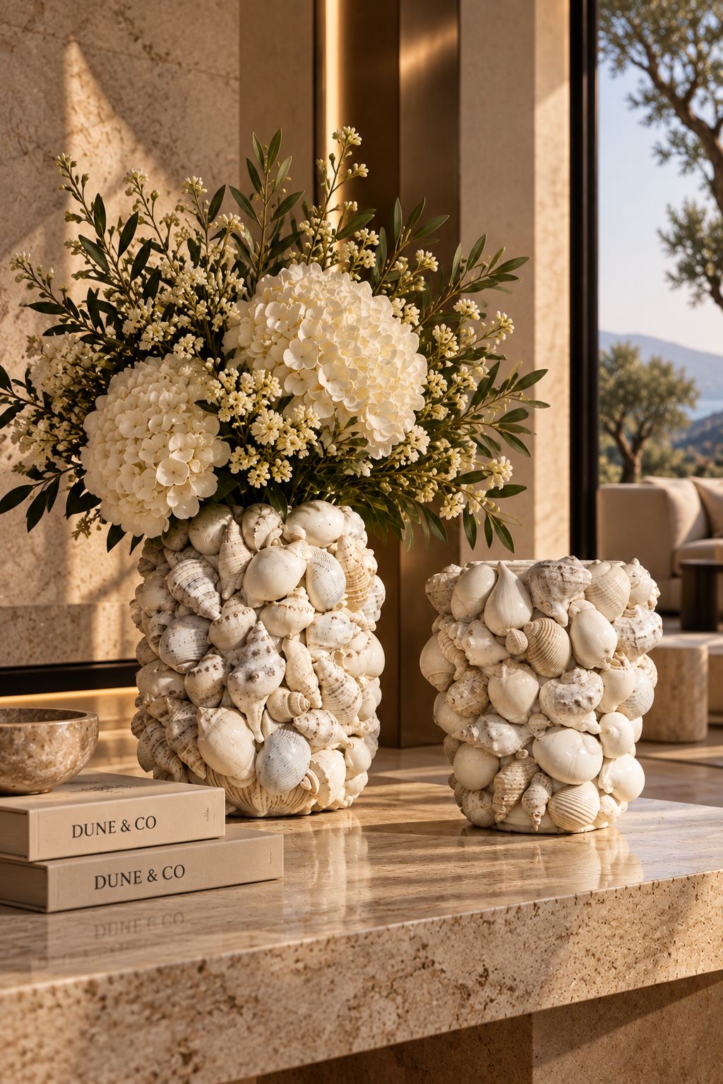 Vase décoratif Coquillage DUNE & CO avec reliefs inspirés de coquillages, mis en scène sur un socle en pierre naturelle.