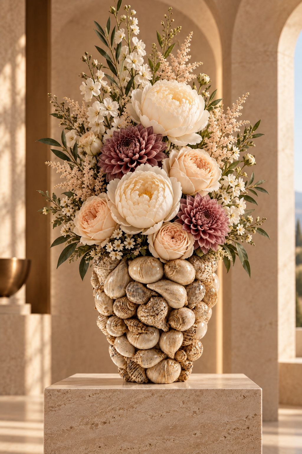 Vase Coquillage DUNE & CO en finition ivoire et beige, décoré de coquillages sculptés et présenté dans un intérieur haut de gamme.