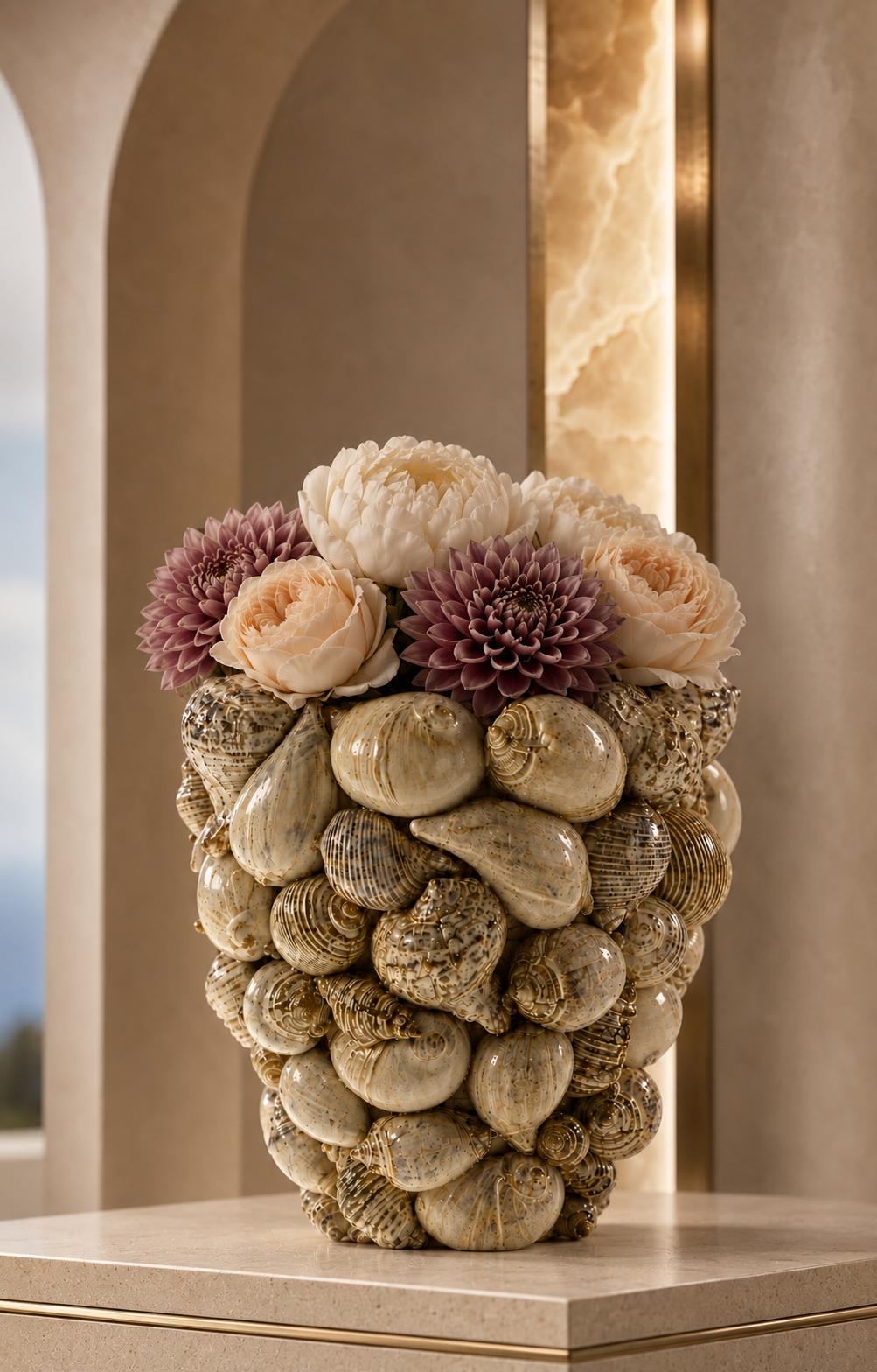 Vase Coquillages en grès naturel avec bouquet ivoire et mauve dans un décor méditerranéen d’exception.