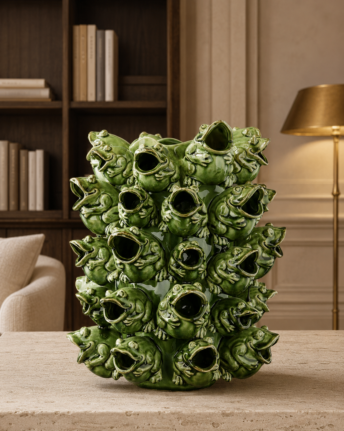 Vase décoratif Grenouilles vert mis en scène avec des plantes généreuses dans une maison lumineuse au design contemporain.
