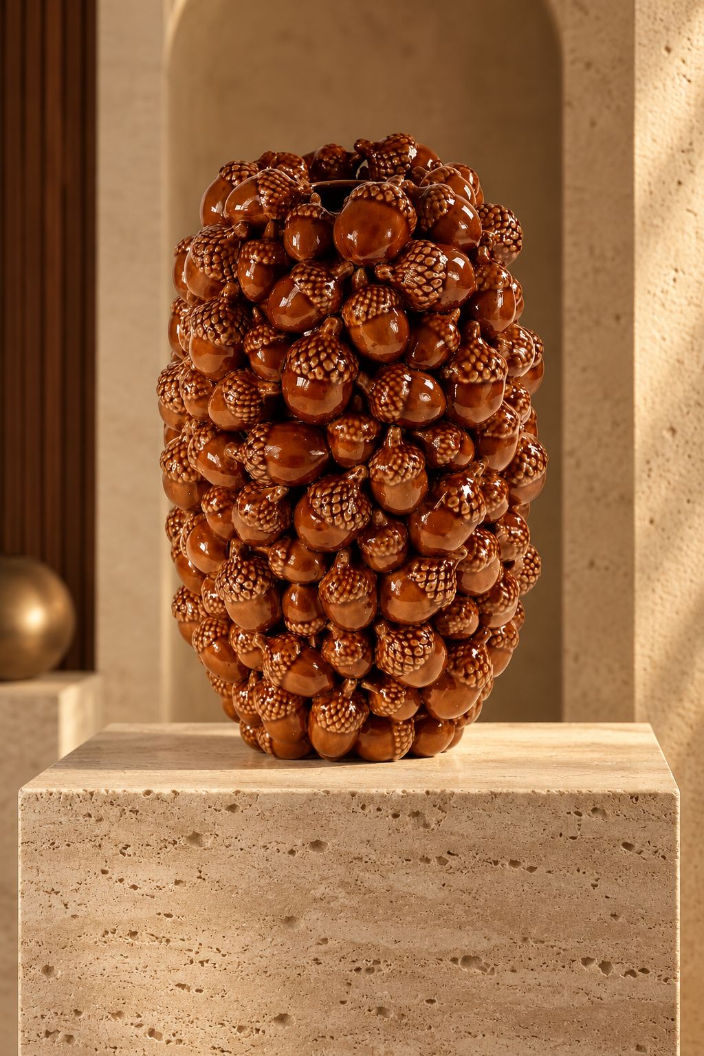 Vase sculptural à glands DUNE & CO, finition brun brillant, mis en scène sur une table en pierre naturelle.