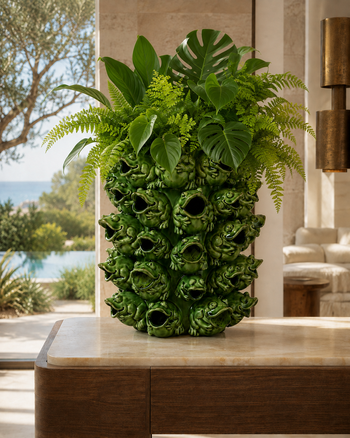 Vase Grenouilles en céramique verte émaillée, présenté sur une console en onyx dans un intérieur méditerranéen lumineux.