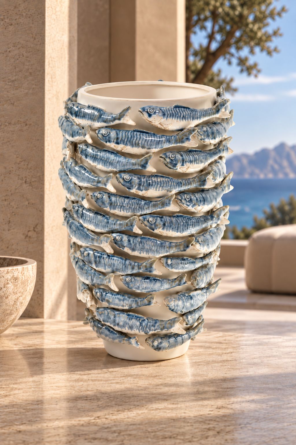 Vase Poisson bleu DUNE & CO en céramique sculpturale, présenté dans un intérieur méditerranéen haut de gamme aux tons pierre et lumière naturelle.