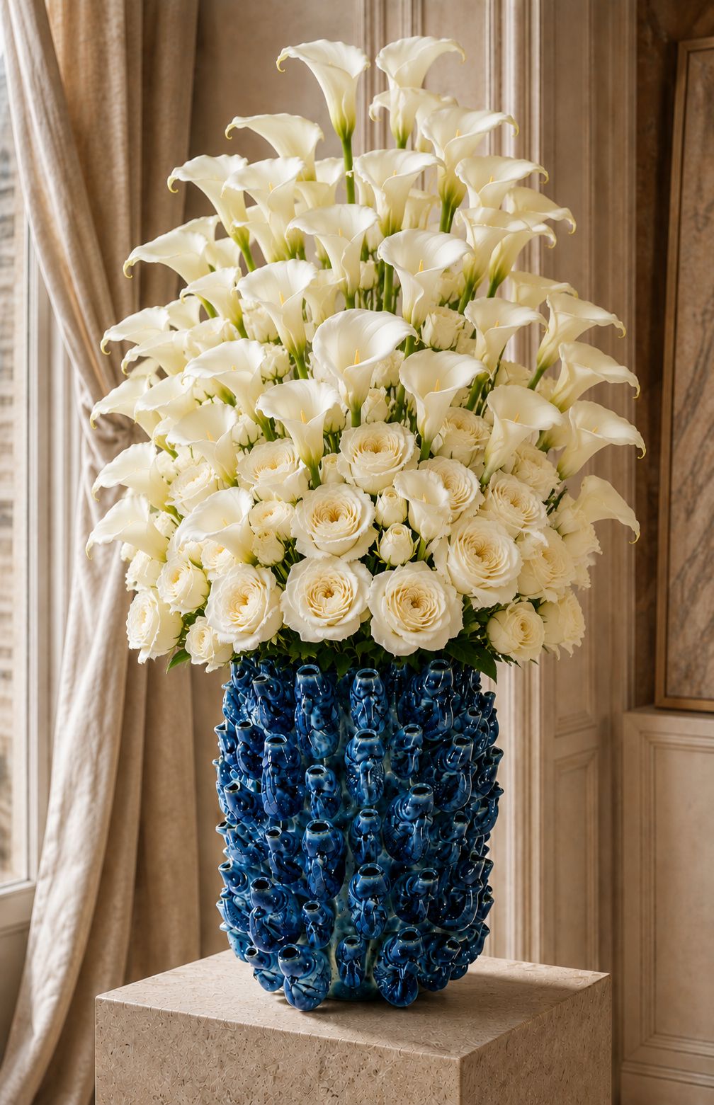 Vase Banc de Poissons — Céramique Bleue Émaillée
