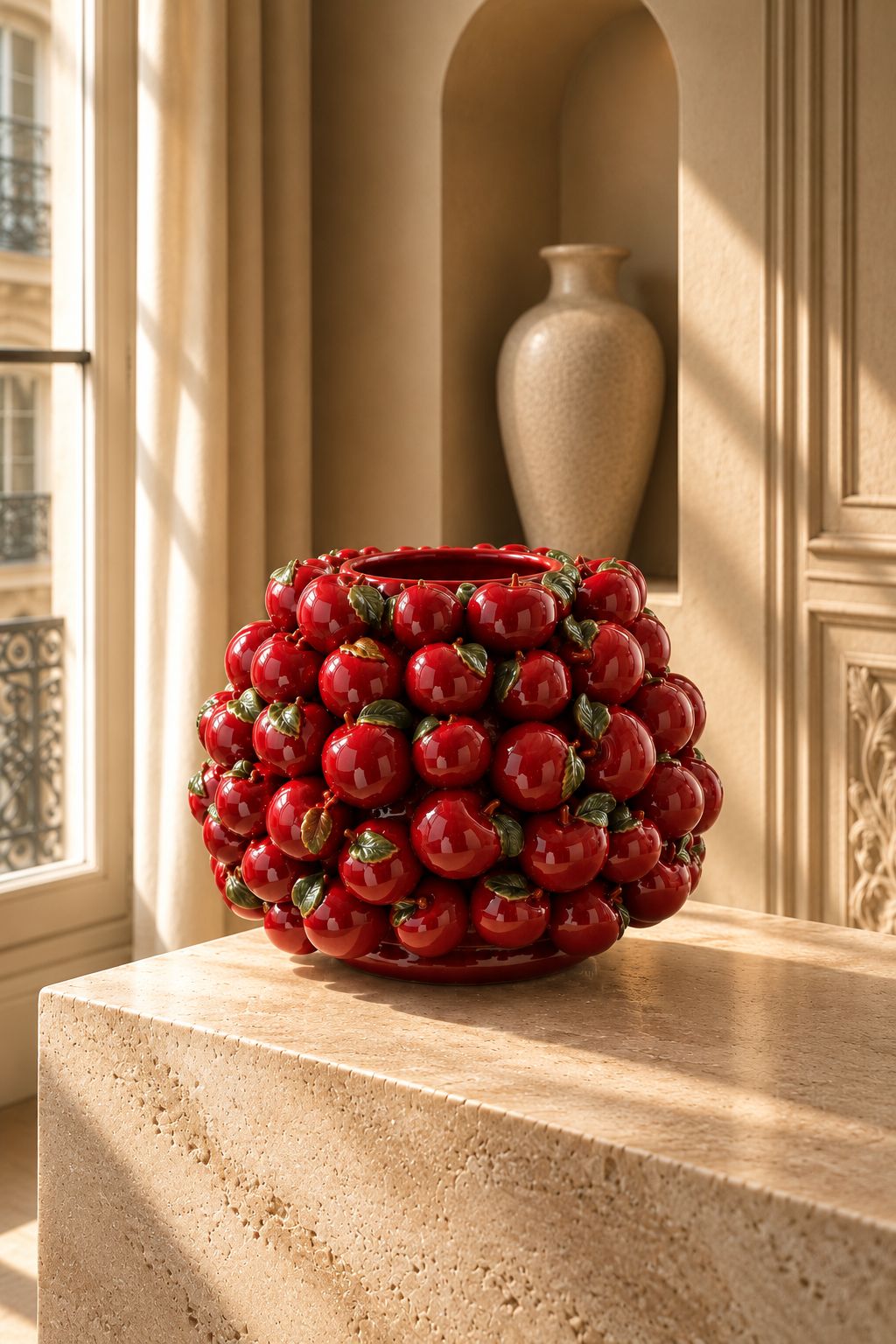 Vase Pomme en grès céramique rouge émaillé sur socle de pierre dans un intérieur lumineux, DUNE & CO