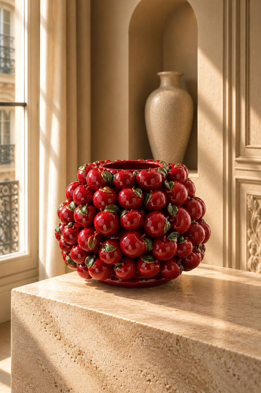Vase Pomme en grès céramique rouge émaillé sur socle de pierre dans un intérieur lumineux, DUNE & CO