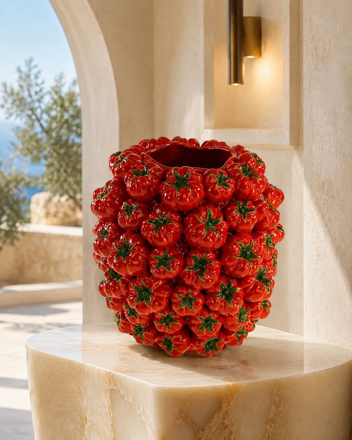 Vase Tomates en grès céramique rouge émaillé dans un intérieur méditerranéen, DUNE & CO