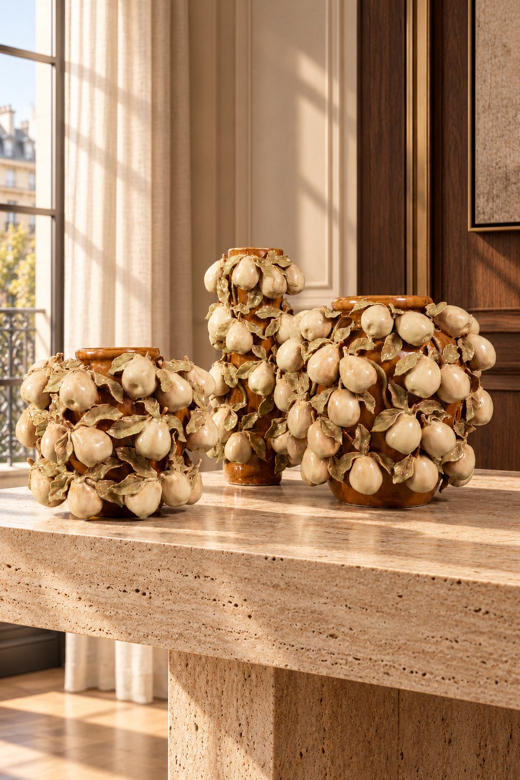 Mise en scène de la collection de vases Poires en céramique brune dans un intérieur haut de gamme, DUNE & CO