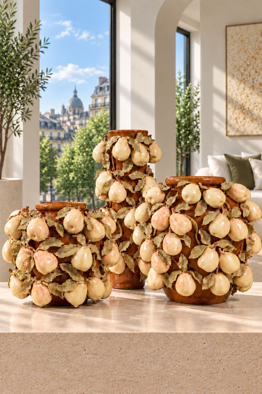 Mise en scène de la collection de vases Poires en céramique brune dans un intérieur parisien, DUNE & CO